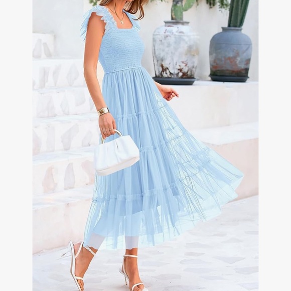 PRETTYGARDEN Summer Casual Sleeveless Smocked Ruffle Tulle Flowy Beach Sundress - Picture 4 of 9